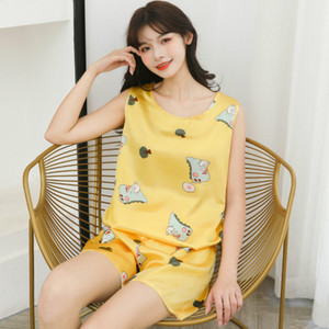 睡衣女夏季冰丝两件套装短袖薄款大码无袖吊带家居服2021年新款
