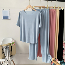 Pajamas female Ice Silk New loose comfortable soft round neck short sleeve trousers thread home suit