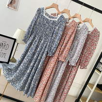 Retro colorblock lace square collar pleated high waist slim dress womens long long sleeve skirt