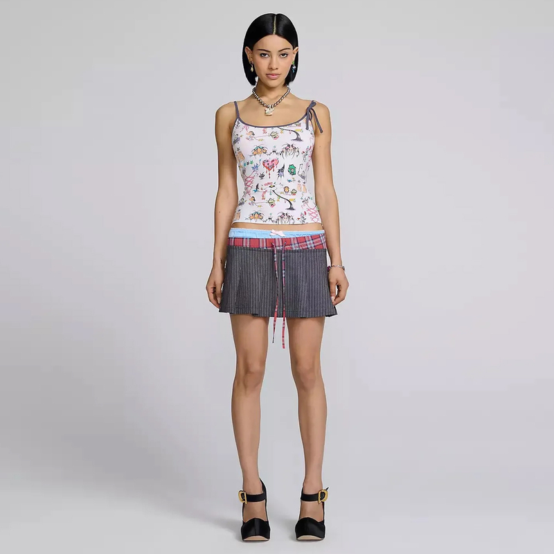 Double-Headed Bear Y2K Yabi Multi-Layered Waistband Tie Elastic Waist Pleated Women's Short Skirt