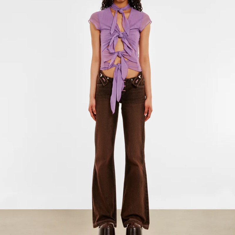 Hea*Nm Double-Headed Bear Y2K Sexy Purple Lace-Up Thin Top Short-Sleeved T-Shirt