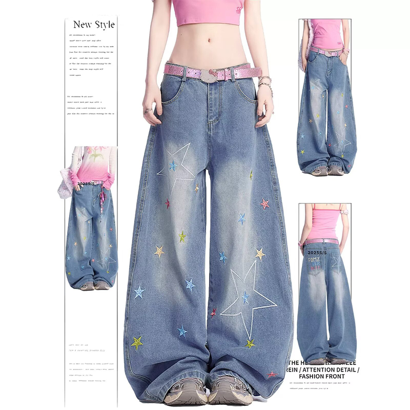 American Retro Star Embroidery Jeans for Women, Summer Petite Loose Versatile Casual Scimitar Wide-Leg Long Pants