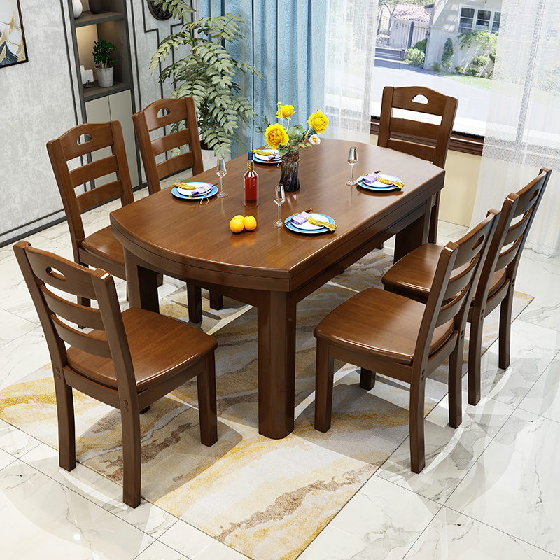 Solid wood dining table Household folding dining table dining table and chair combination modern simple retractable round table small apartment dining table