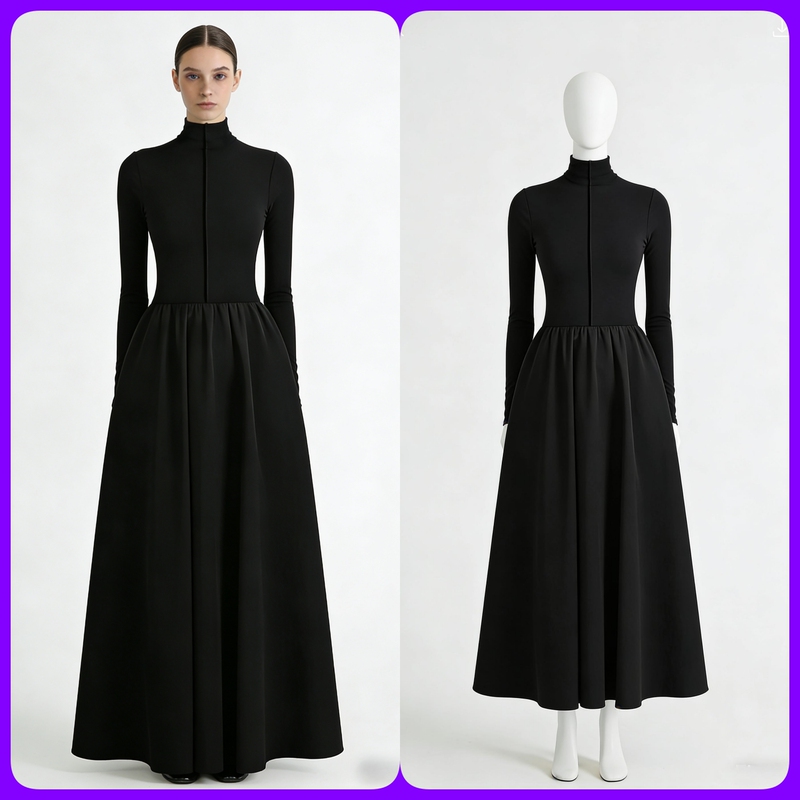 French Hepburn Style High-End Little Black Dress with Knitted Splicing, Half-High Collar, Long-Sleeved Dress for Women, Autumn and Winter Elegant Long Dress