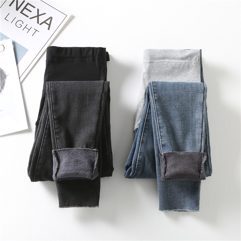 Pregnant Woman Jeans Spring Autumn Season Plus Suede Thickened Outwear Casual Tight Slim Fit Narrow Tube Pants Autumn Winter Large Size Fashion Inner Lap Pants