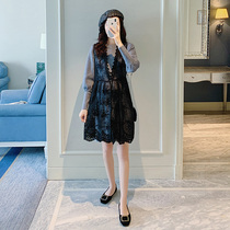 2022 Fall New Pregnant Woman Foreign Air Fashion Loose Knit Long Sleeve Suit Woman Midi Lace Dress Dress