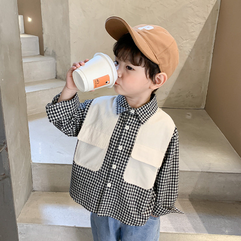 Boy Plaid Shirt Spring Autumn Handsome Gas Spring Baby Shirt Long Sleeve Han Version Spring Style Children Spring Dress Blouse Thin