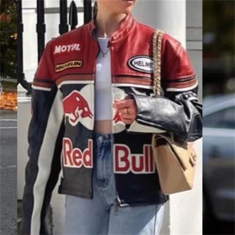 Redbull Motorcycle Leather Jacket Vintage Heavy-Duty Leather Embroidered Stand-Up Collar Jacket High Street Unisex Padded Jacket