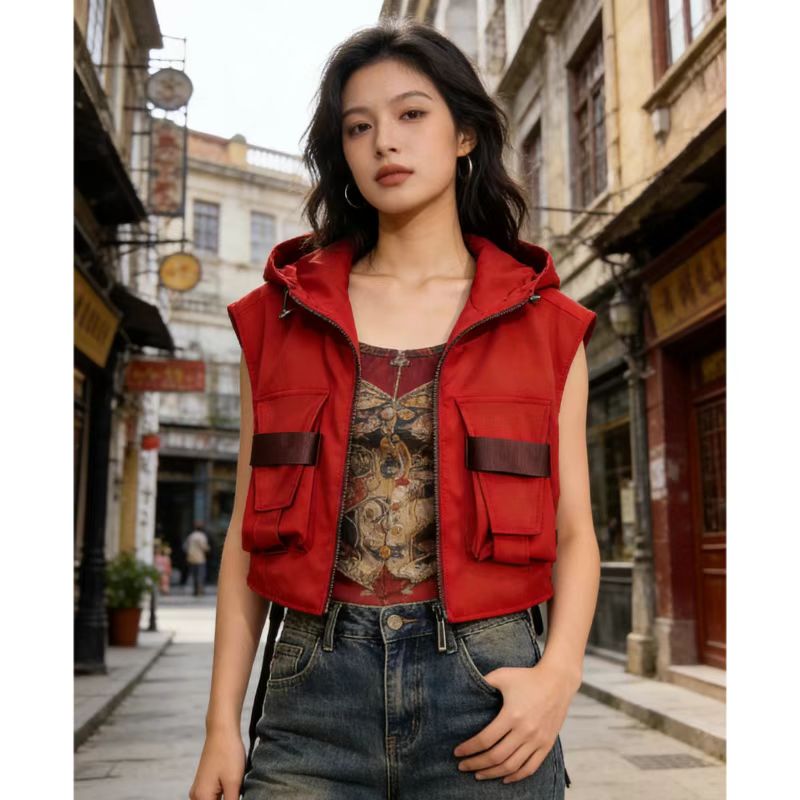 2026 Spring New Niche Style Spicy Girl Lace-Up Workwear Pocket Design Functional Hooded Vest with Hood