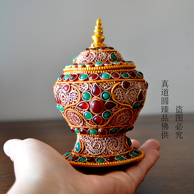 Nepal Jucai treasure vase Exquisite copper filigree inlaid rich bottle jar Home auspicious ornaments Height 11 cm