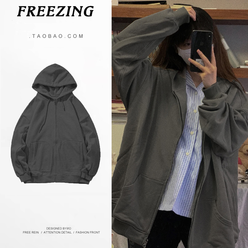 Bf Style Dark Gray Zip-Up Sweatshirt for Men and Women ins Charcoal Gray Cardigan Jacket Trendy Loose Boyfriend Style Fleece-Lined Autumn 2023
