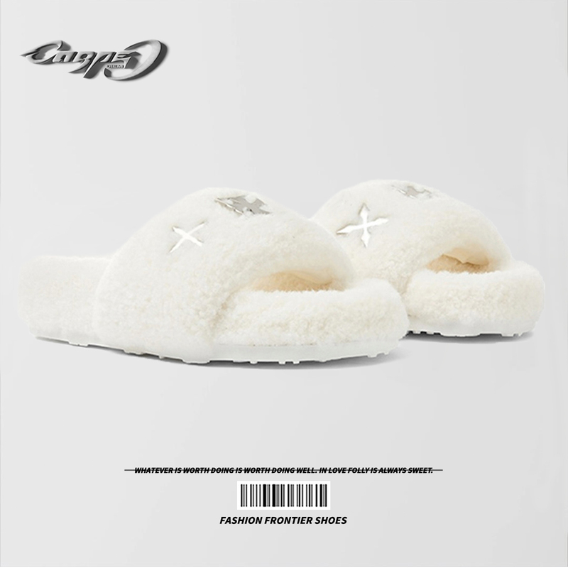 Zhao Lusi's Same Style Carpe Diem White Furry Slippers, Thick-Soled Women's Lamb Wool Outdoor Slippers, Trendy Slip-On Cotton Slippers