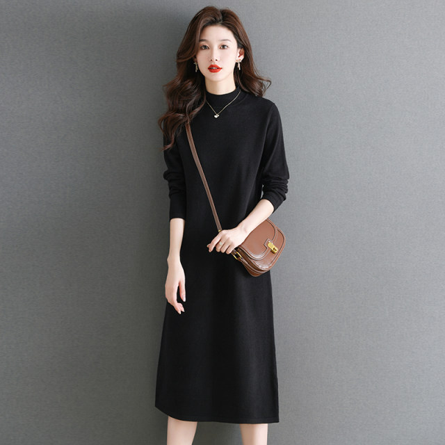 Korean style loose knitted cashmere bottoming dress for women autumn and winter mid-length with coat half turtleneck woolen skirt