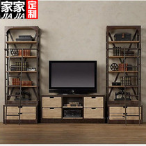Retro Bookshelf Iron Art Exhibition Shelf Loft American Pine Wood Shelve Shelf Living Room Industrial Wind Solid Wood Partition Shelf