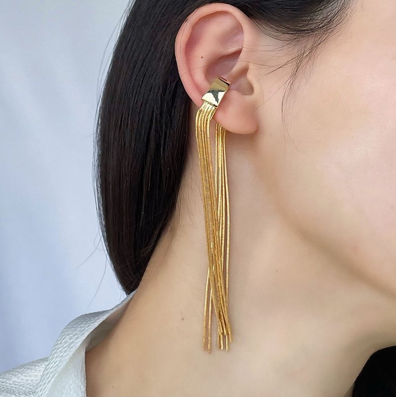 Aunt Bai 77 European and American metal tassel long ear bone clip earrings design sense ear hanging fashionable ear clip without ear piercing female