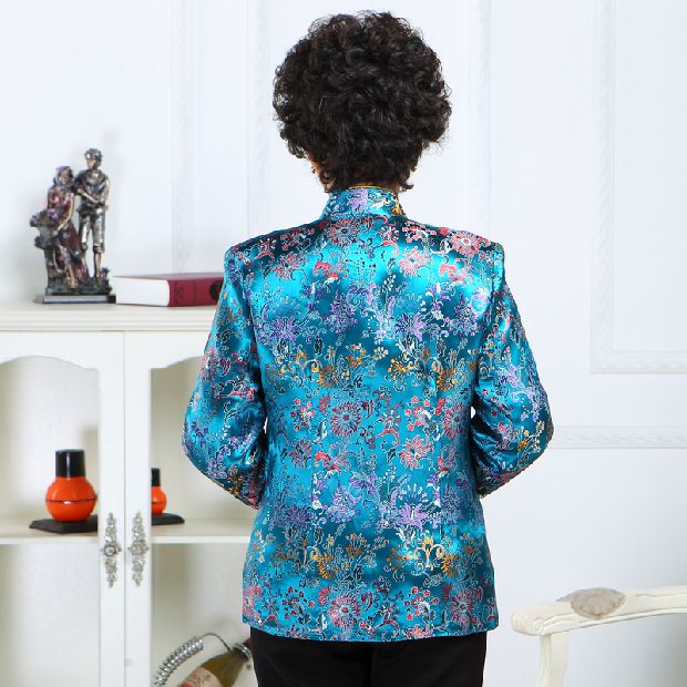 Trung và già mùa xuân và mùa thu Tang phù hợp với áo khoác dài tay mẹ tải satin lỏng giản dị của phụ nữ thêu đứng cổ áo sơ mi cỡ lớn đầm suông tuổi trung niên
