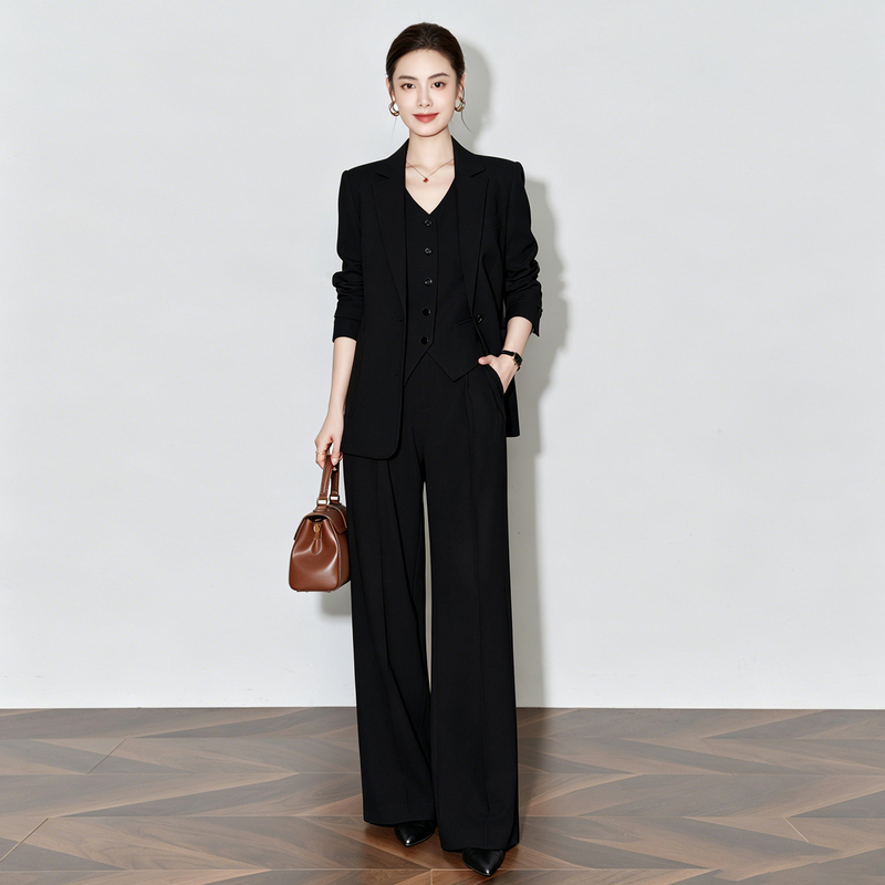 High-End Casual Fashion Black Suit Vest Wide-Leg Pants Three-Piece Set Elegant and Sophisticated Business Suit High-End Casual Fashion Black Suit Vest Wide-Leg Pants Three-Piece Set Elegant and Sophisticated Business Suit