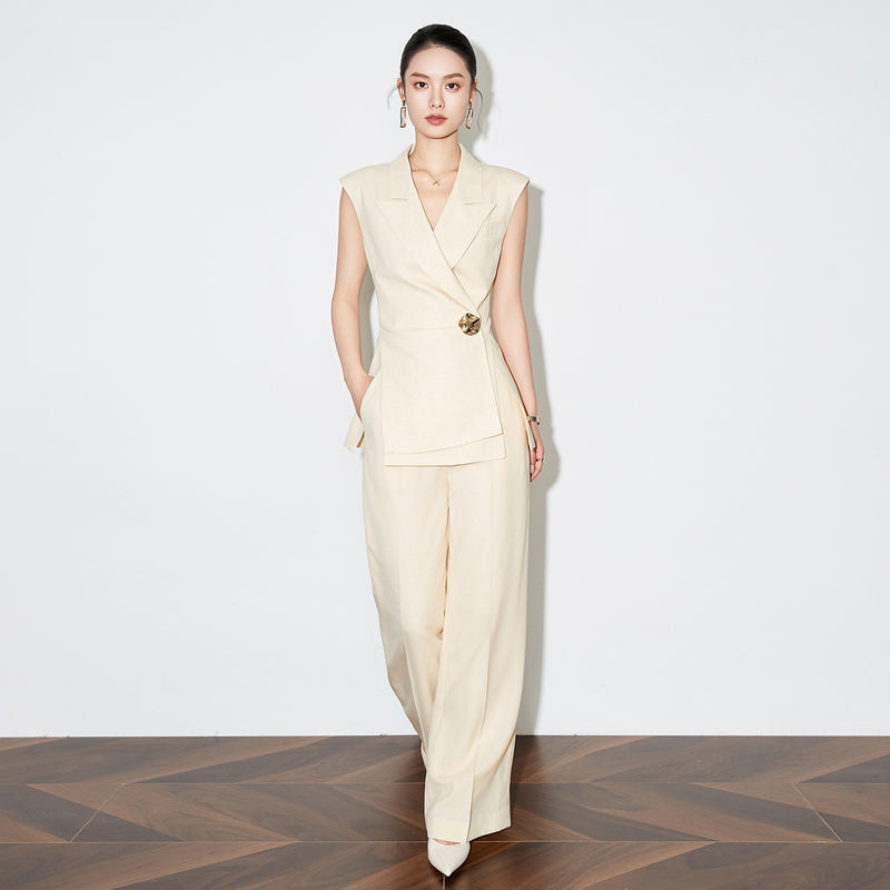 Summer Thin Yellow Slim-Fit Professional Suit Set for Women, Stylish Blazer Jacket and Straight-Leg Pants Two-Piece Set
