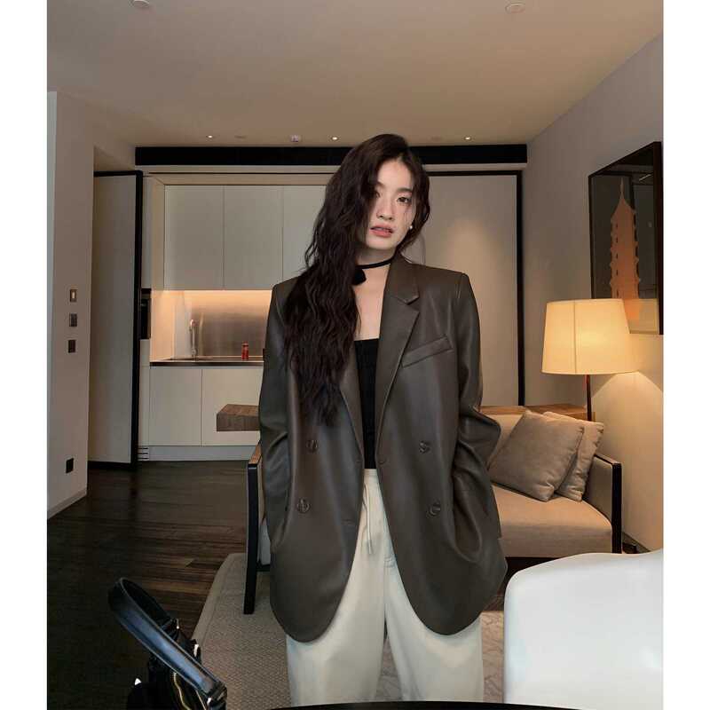 【Direct from Factory】Hot-Selling Coffee-Colored Pu Leather Blazer for Women, Spring and Autumn 2026 New Style, Loose Casual Suit