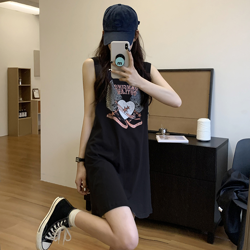 2023 New Summer ins Trendy Tank Dress for Girls and Students, Loose Mid-Length Sleeveless T-Shirt Slip Dress That Covers the Hips