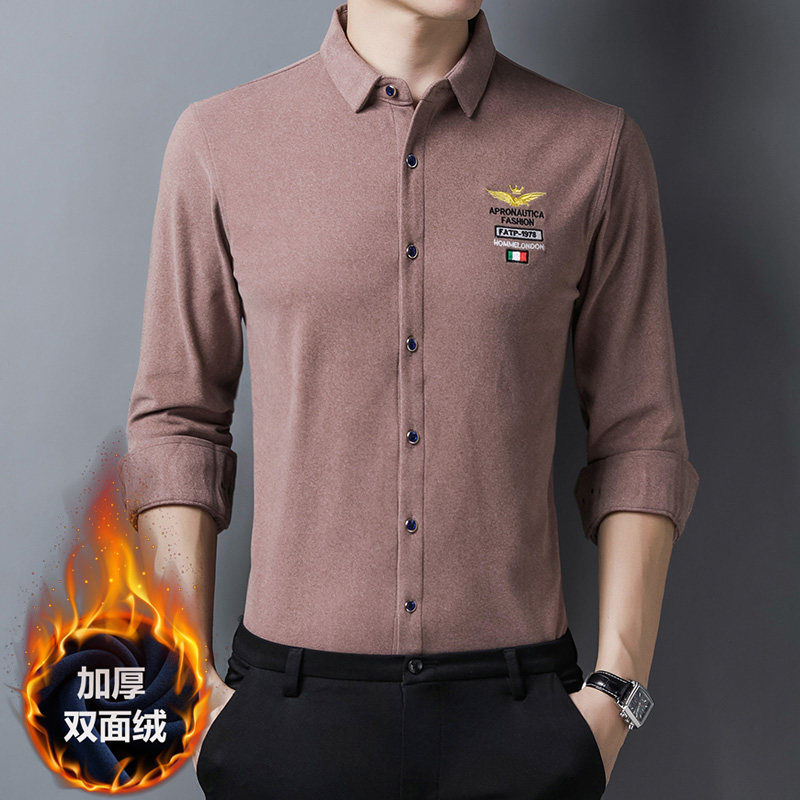 Winter double-sided fleece shirt men's business casual printing shirt cashmere thickened thermal underwear outer wear bottoming shirt