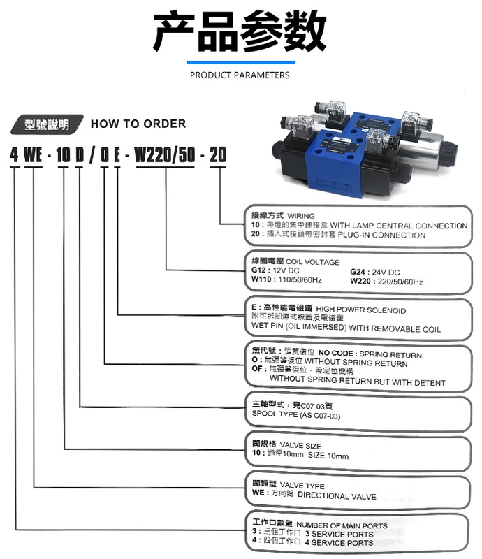 Cụm van đảo chiều thủy lực 4WE10E 10G 10H 10J 10D 10Y ba vị trí bốn chiều 220V 24V