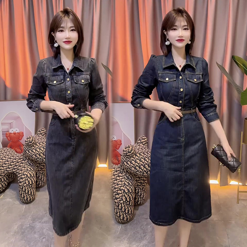 Fashionable and Stylish Retro Washed Denim Suit for Women 2024 Autumn New Versatile High-Waisted Slimming Dress