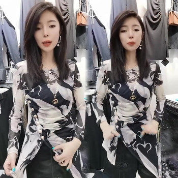 Net celebrity same chiffon shirt women's mid-length Korean version of slim slim long-sleeved irregular round neck 2021 autumn bottoming shirt