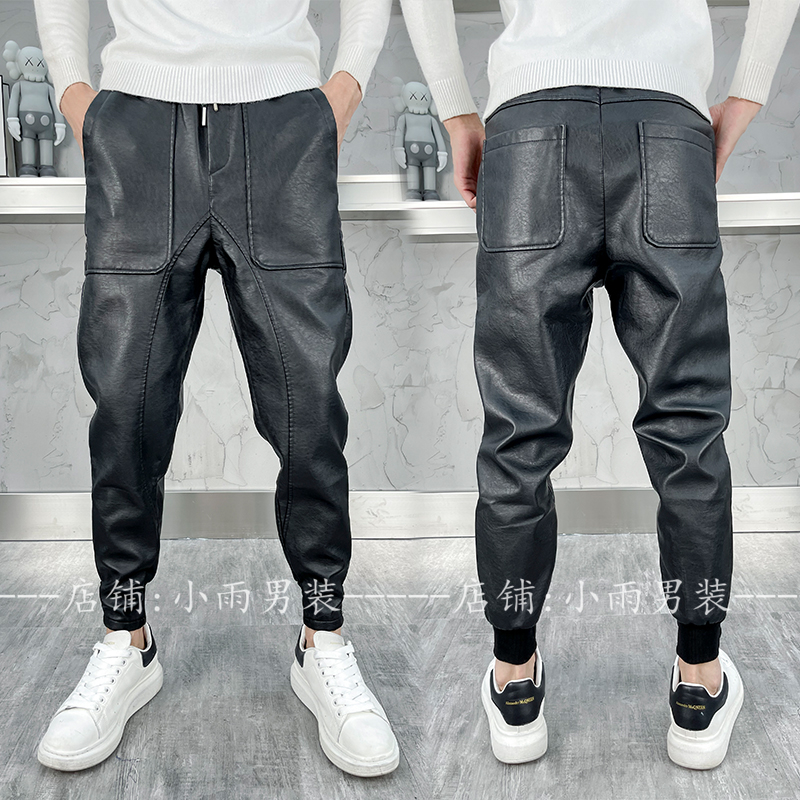 Winter plus thicker locomotive pants for men warm waterproof PU casual pants Young Han Edition repair leather pants