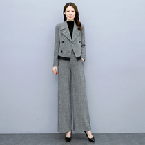 Professional woolen suit 2022 womens autumn and winter new fashion western style age-reducing suit wide-leg pants goddess fan two-piece suit