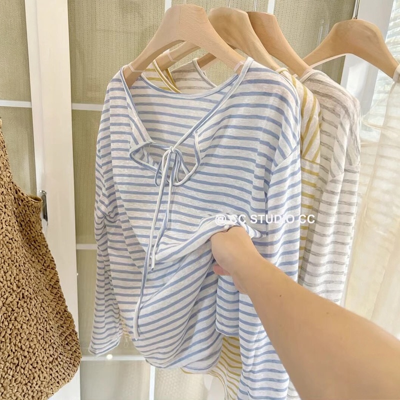 Back-Tie Striped Long-Sleeve Sun Protection Blouse T-Shirt for Women, Summer Thin Style 2026 New Loose Lazy Style Top