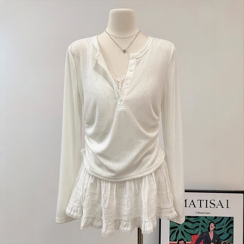 White Thin Sun Protection Blouse for Women in Summer Slimming Look Long-Sleeved T-Shirt Lazy Style Lace Splicing Slightly See-Through Top