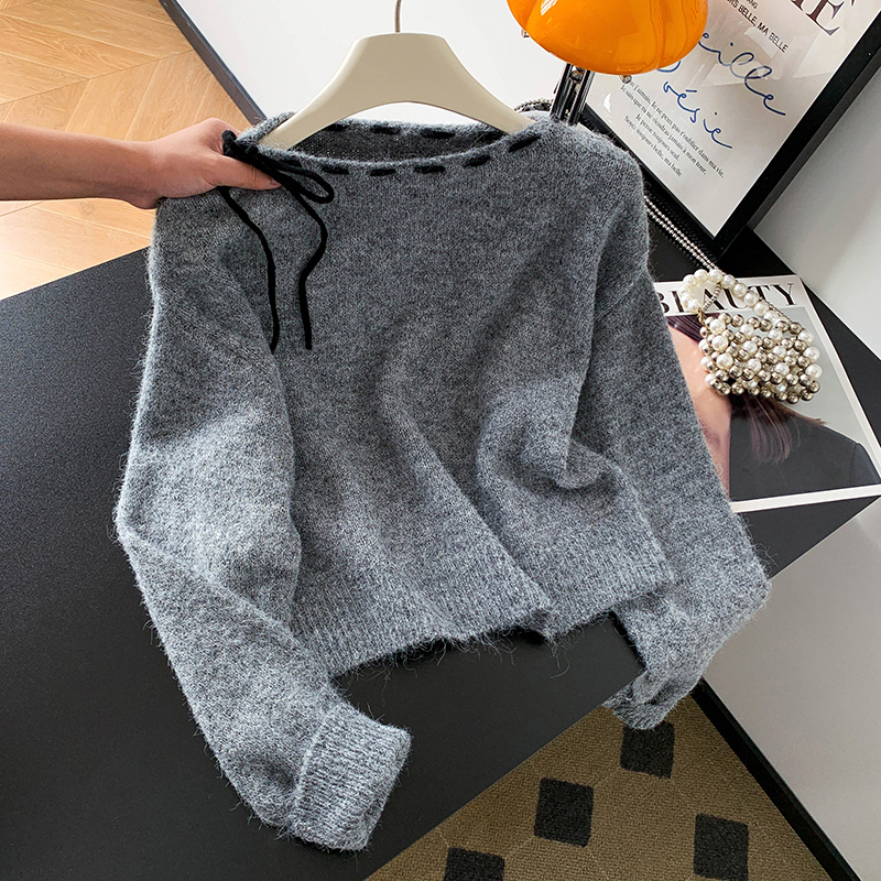 Korean Style Lazy Chic Gray Soft Knit Sweater for Women, Autumn and Winter Inner Wear, Loose Fit, Slimming, Round Neck Pullover Top, Trendy