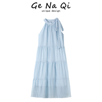 GeNaQi seaside resort style sleeveless halter neck strap dress womens summer new style sequin fine sparkling temperament long skirt