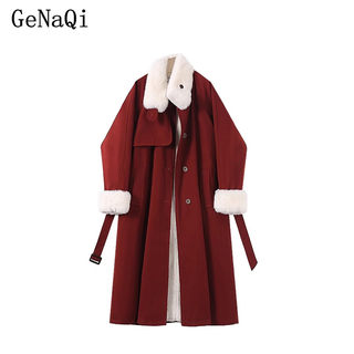 Genaqi red lamb wool spliced cotton jacket women's autumn and winter new plus velvet long cotton jacket jacket