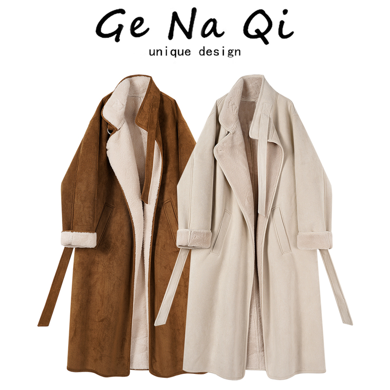 Genaqi Korean Style Casual Trench Coat for Women 2025 Winter New High-End Shearling Coat with Integrated Fur and Lamb Wool