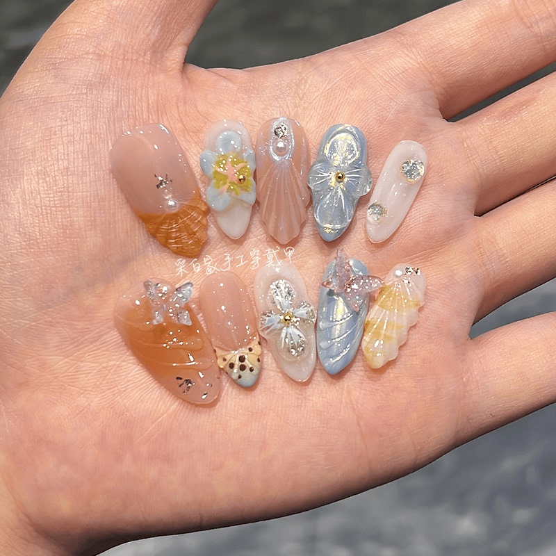 【Summer Island Elf】French-Style Three-Dimensional Ice Flower Press-On Nails, Trendy New Year Style, High-End, Niche, and Complexion-Enhancing