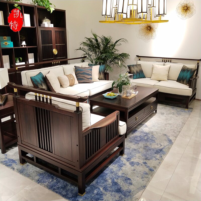 New Chinese style sofa combination Modern Chinese style hotel villa living room Zen Chinese style solid wood sofa furniture customization