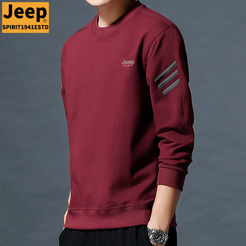 Jeep Men's Sweatshirt Round Neck Spring and Autumn Casual Long-Sleeved T-Shirt Men's Loose Burgundy Top Base Shirt