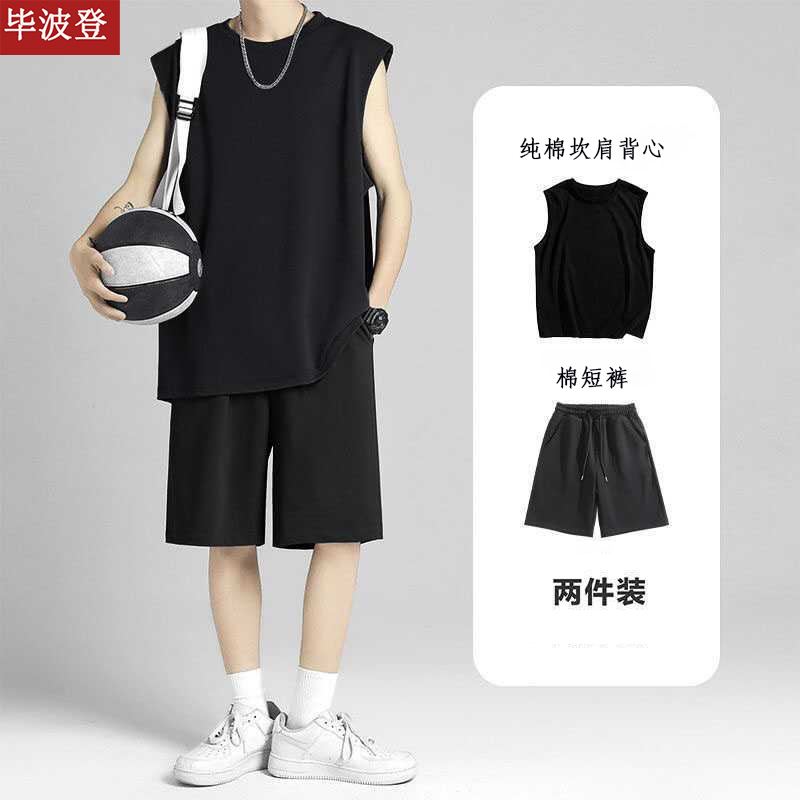 Summer Pure Cotton Sleeveless Vest Sports Suit Men's T-Shirt Vest Shorts Running Basketball Suit Two-Piece Set 2026