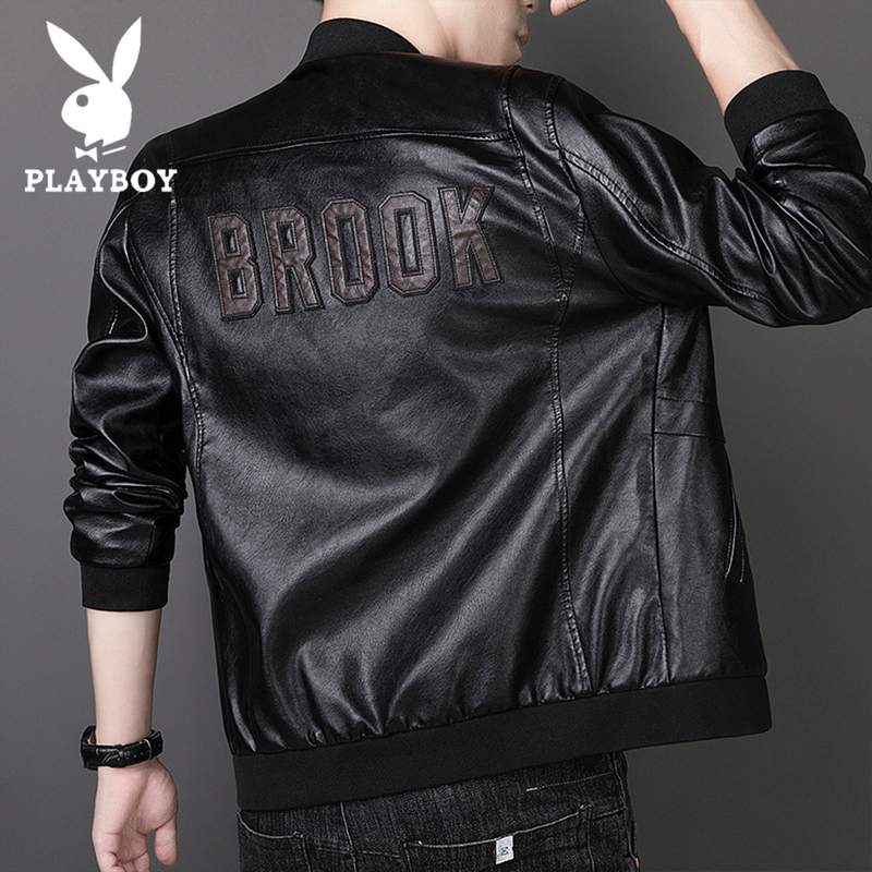 Playboy Design Leather Jacket with Back Embroidery for Men, Autumn and Winter Baseball Collar Biker Jacket, Versatile Trendy Jacket Playboy Design Leather Jacket with Back Embroidery for Men, Autumn and Winter Baseball Collar Biker Jacket, Versatile Trendy Jacket