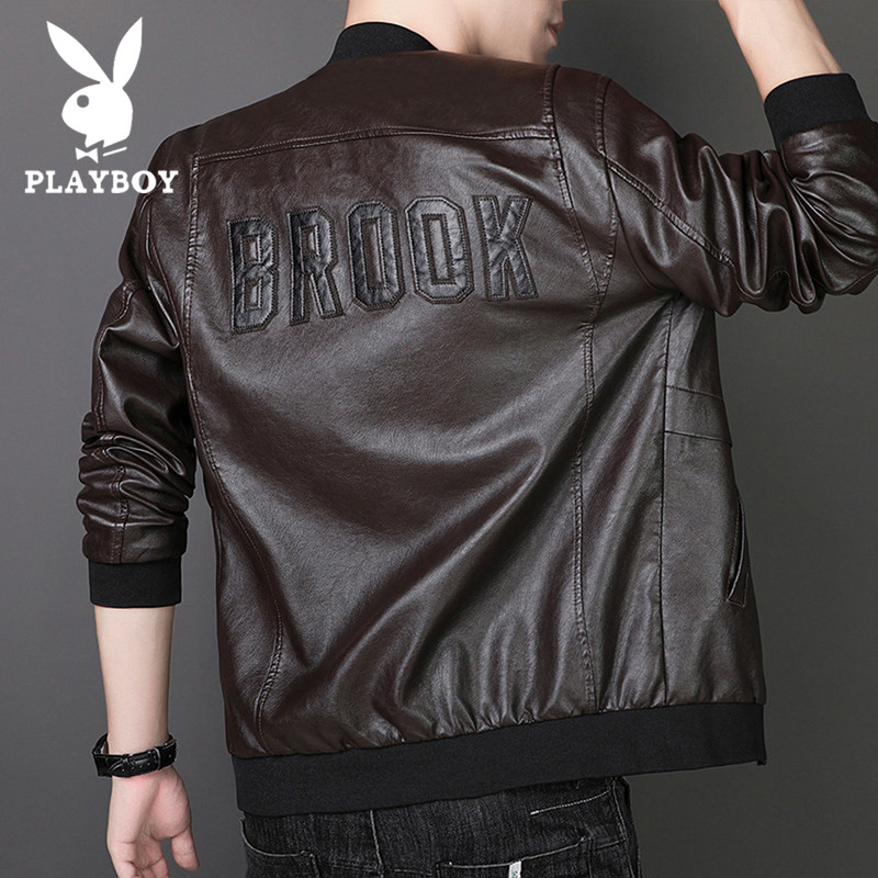 Playboy American Motorcycle Style Baseball Collar Pu Leather Jacket for Men, Trendy Brand Embroidered Retro Leather Jacket for Autumn and Winter Playboy American Motorcycle Style Baseball Collar Pu Leather Jacket for Men, Trendy Brand Embroidered Retro Leather Jacket for Autumn and Winter
