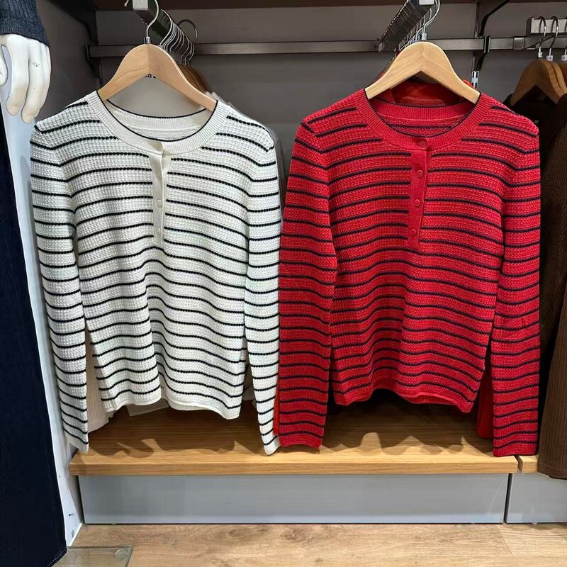 Fine Wool Blend Henry Collar Striped Knitwear Women's Collaborative Sweater 488210/491086