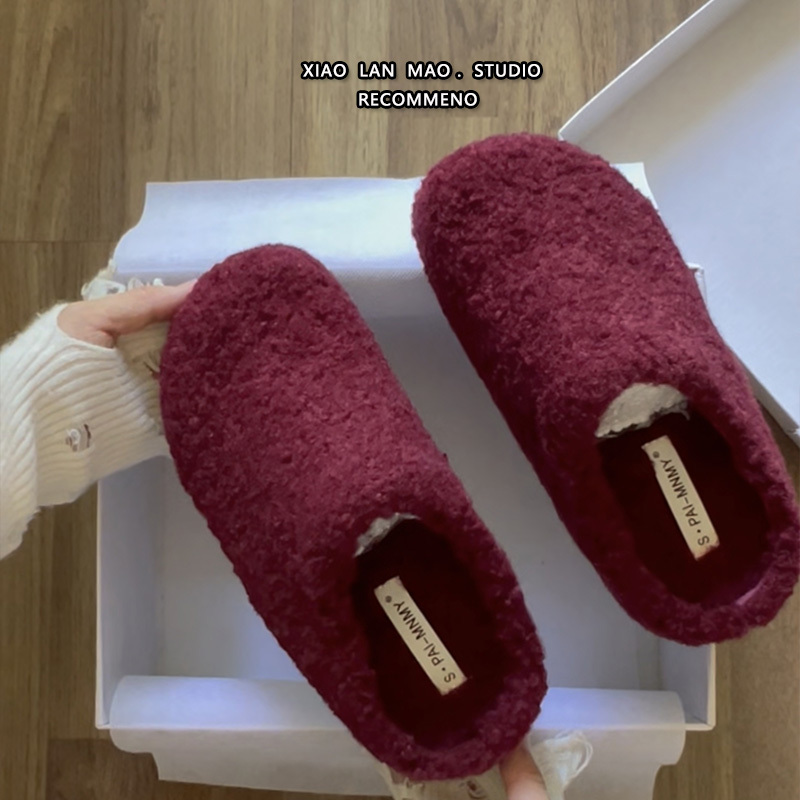 Red Lamb Wool Fleece-Lined Warm Slippers for Women 2026 Winter New Style Outdoor Slip-On Lazy Cotton Slippers Red Lamb Wool Fleece-Lined Warm Slippers for Women 2026 Winter New Style Outdoor Slip-On Lazy Cotton Slippers