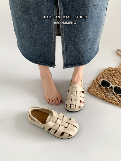 法式包头半拖鞋女镂空编织软底2025新款夏外穿配裙子时尚罗马凉鞋