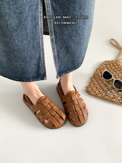 法式包头半拖鞋女镂空编织软底2025新款夏外穿配裙子时尚罗马凉鞋