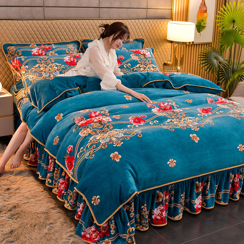 Winter Golden Mink Milk Velvet Four-Piece Set, Thickened Double-Sided Flannel Bed Sheet, Flannel Coral Fleece Duvet Cover for Bed Use