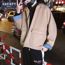  Woolen coat mens youth trend Korean version of woolen coat mens short British loose autumn and winter handsome jacket off the shoulder