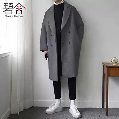 Men's Korean medium and long version of loose thickened woolen jacket casual solid color personality handsome woolen coat tide