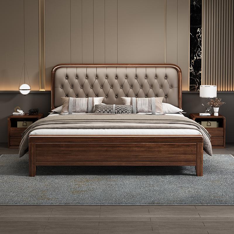 Solid Wood Bed with Leather Upholstery 1.8m Walnut Double Bed for Master and Secondary Bedrooms 1.5m Home Use High Box Storage Bed Solid Wood Bed with Leather Upholstery 1.8m Walnut Double Bed for Master and Secondary Bedrooms 1.5m Home Use High Box Storage Bed